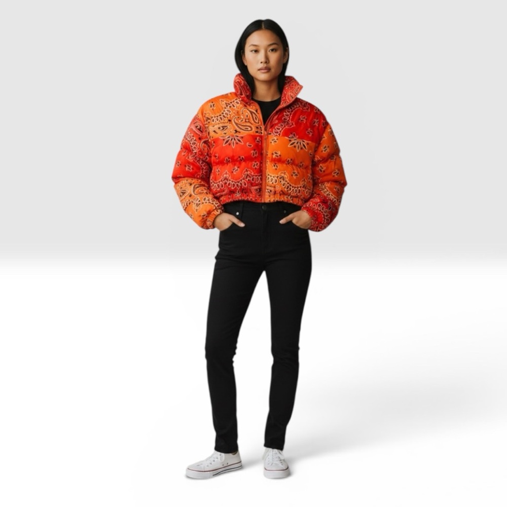 Kaylee Kollection Orange Paisley Bomber Puffer Jacket Size Small S